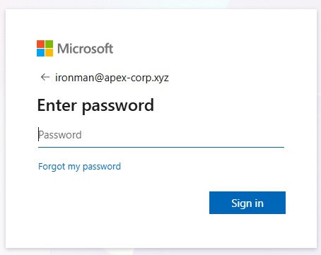 Microsoft login page showing ironman@apex-corp.xyz recognized and the password entry field shown